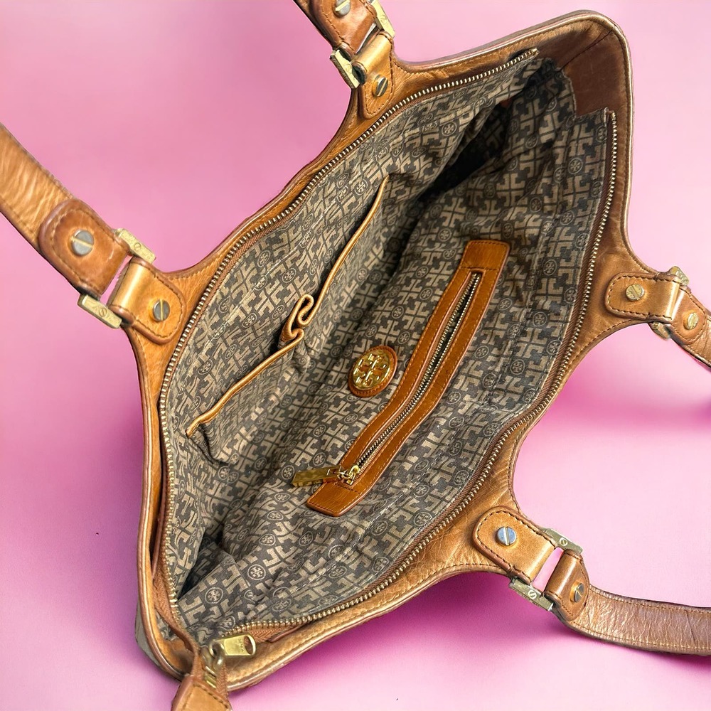 Tory Burch Bombe Tan Glazed Leather Handbag Zip Top Tote - Picture 5 of 9